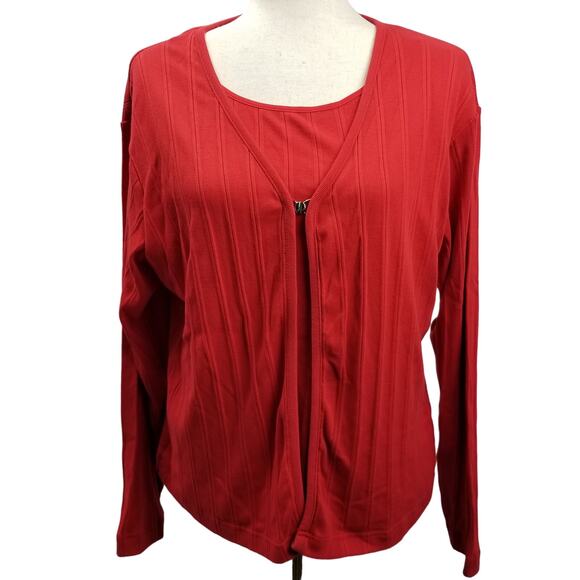 Karen Scott Red "Fooler" Sweater Ribbed Style & Attached Cardigan Nice! Size Lo - Picture 2 of 4